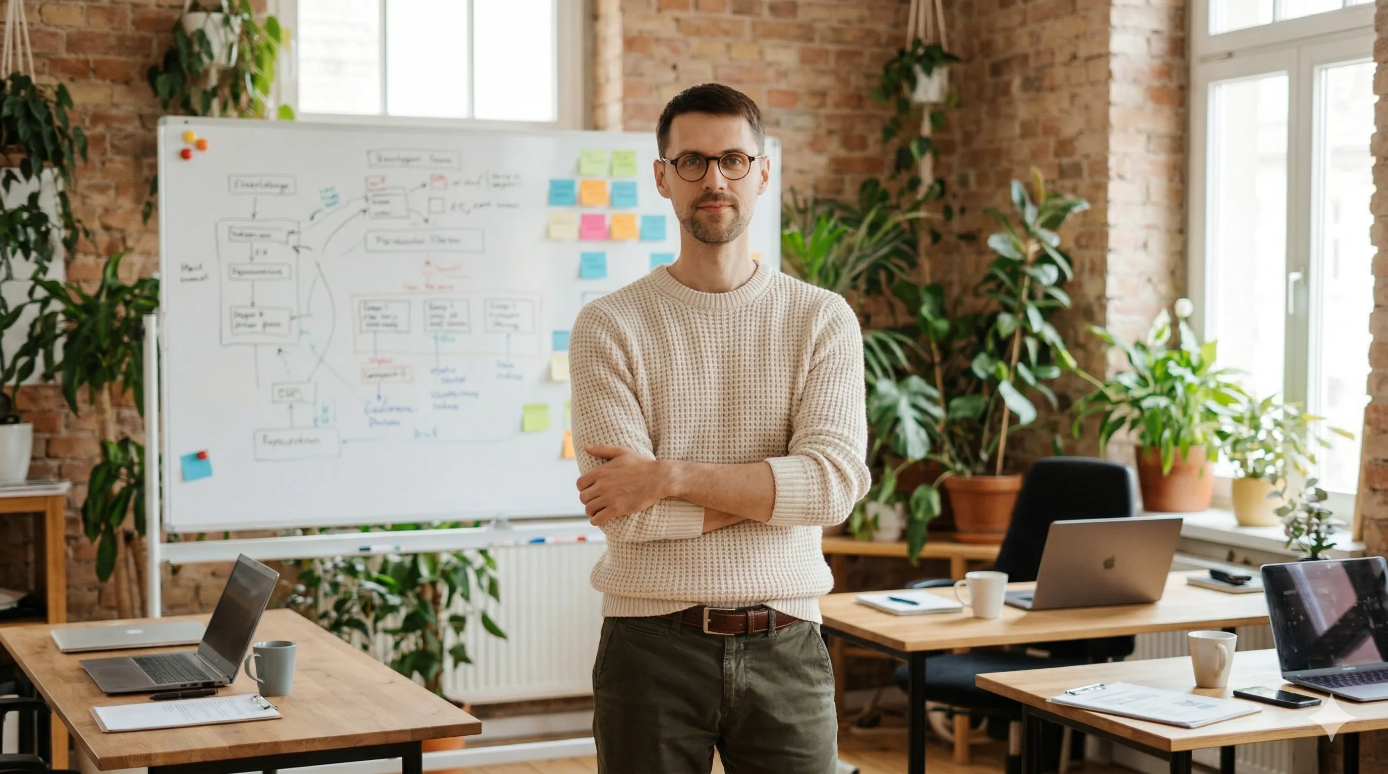 Unternehmer steht nachdenklich vor einem Whiteboard mit Strategie-Notizen
