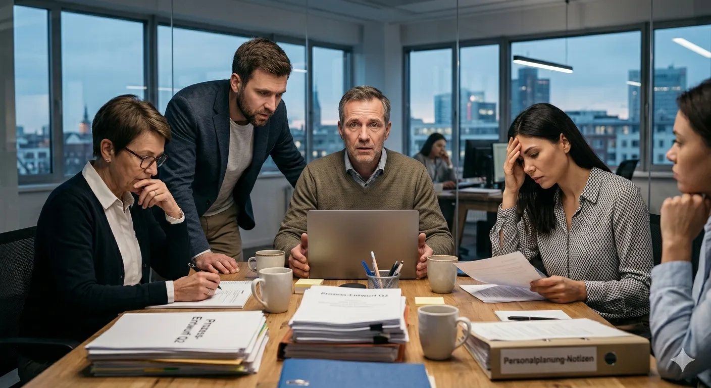 Besprechungssituation: Unternehmer diskutiert mit mehreren Mitarbeitern um einen Tisch
