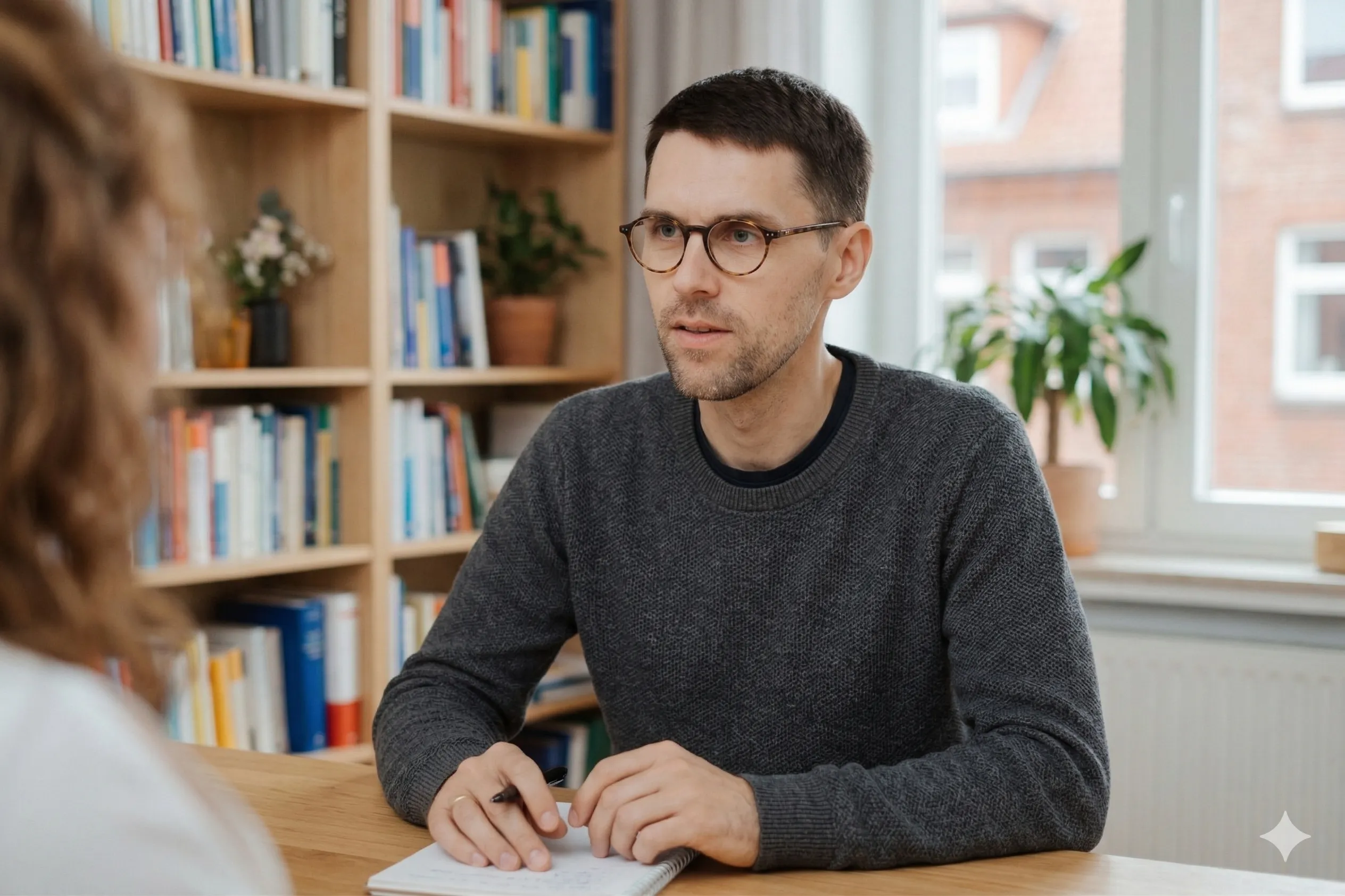 Zwei Personen im Gespräch — Führungskraft im Coaching-Kontext