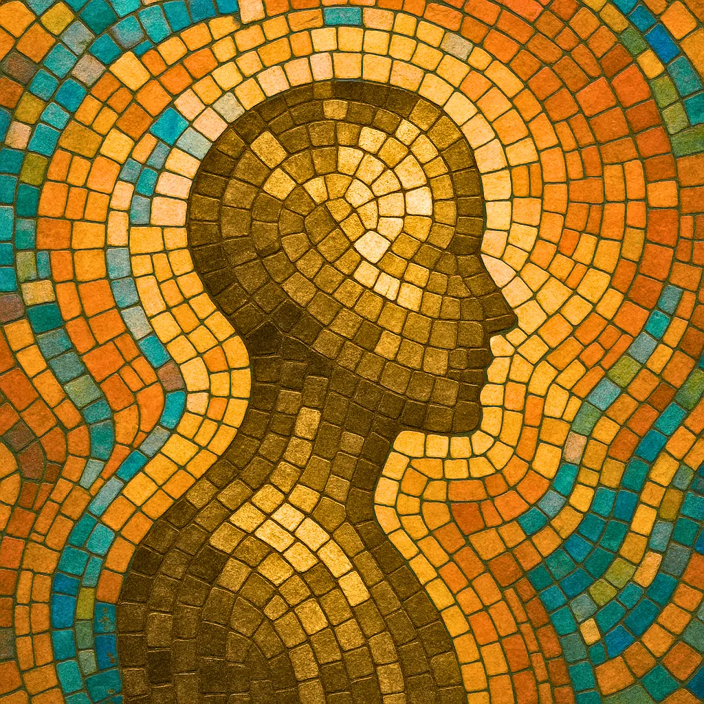 Ein Mosaik einer Person in goldtönen mit buntem Hintergrund aus vielen vekleinen Kacheln