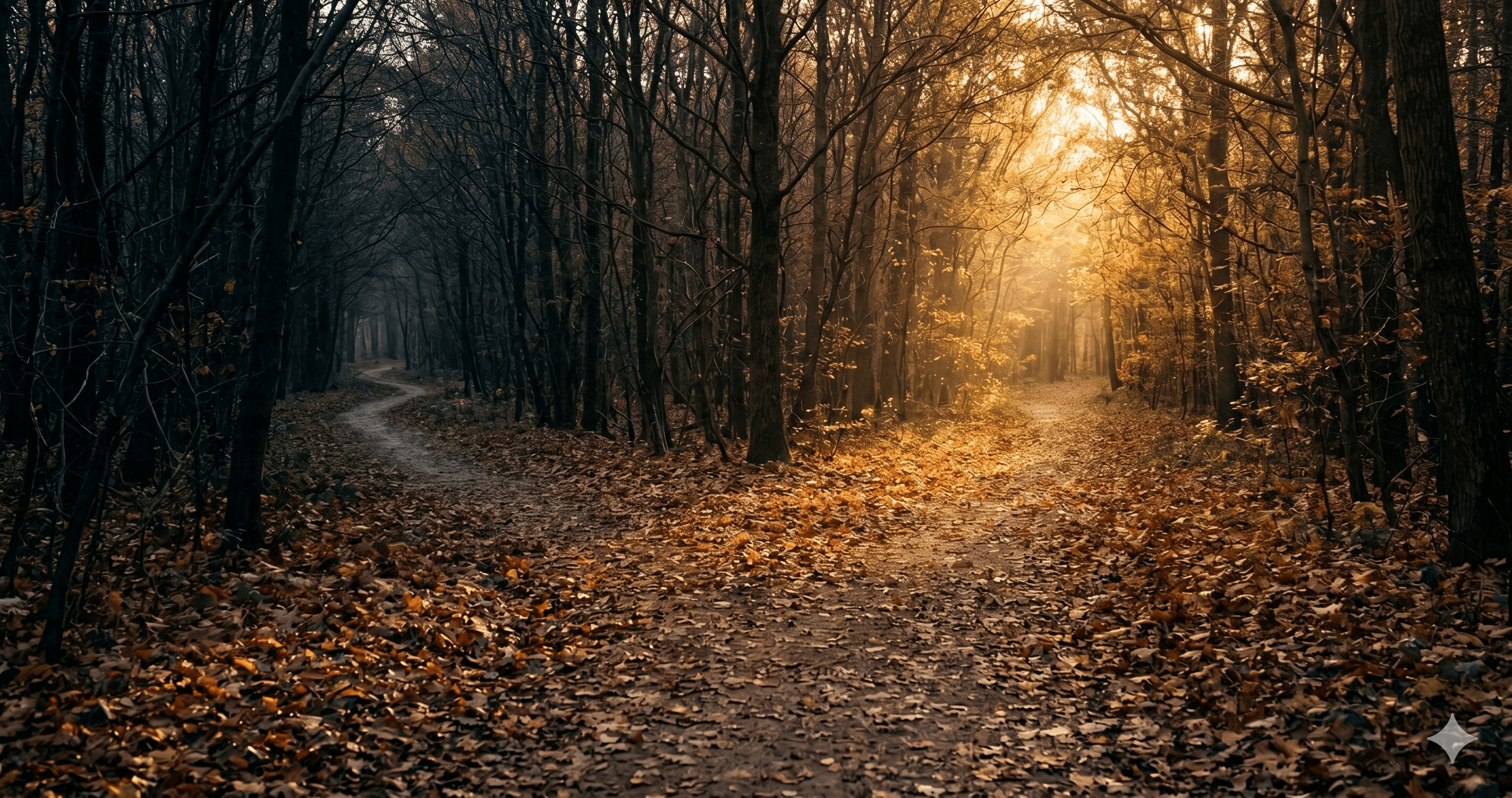 Ein Waldweg führt durch dunkle Bäume ins warme Licht, ein Sinnbild für den Weg aus der Panik