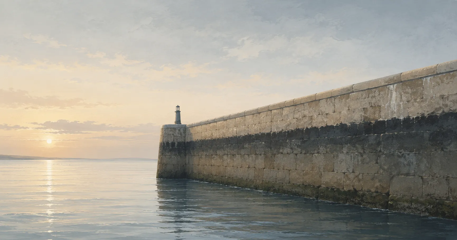 Eine massive steinerne Hafenmauer ragt im warmen Morgenlicht weit ins ruhige Wasser hinaus, an ihrer Spitze ein kleines Leuchtfeuer — eine Struktur, die das offene Meer bricht und den Hafen dahinter geschützt hält