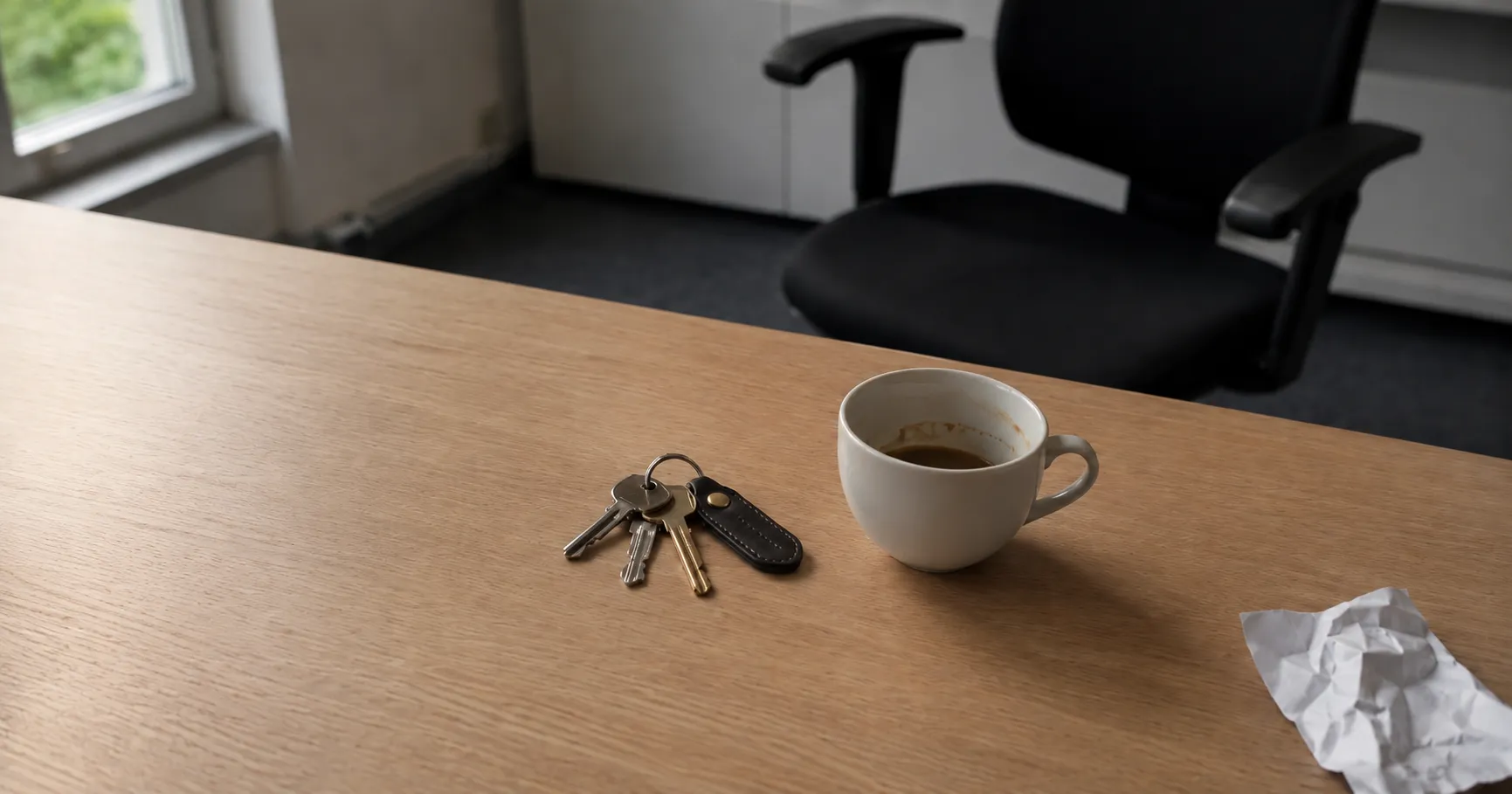 Verlassener Arbeitsplatz mit zurückgegebenem Schlüsselbund und letztem Bürokaffee — der Moment, in dem ein guter Mitarbeiter geht